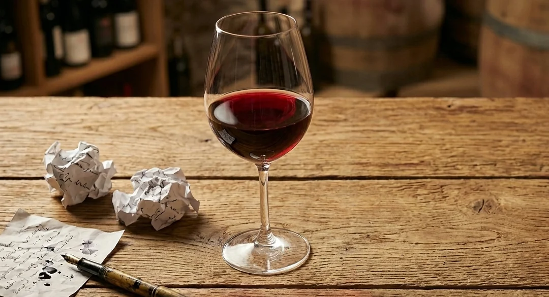 A glass of red wine on a wooden table next to handwritten tasting notes and a pen