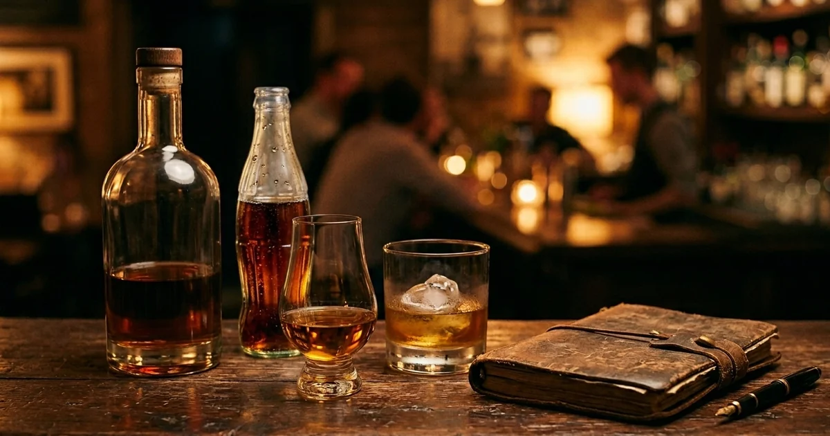 Butelka whisky, butelka coli, kieliszek degustacyjny, szklanka i notes na blacie barowym
