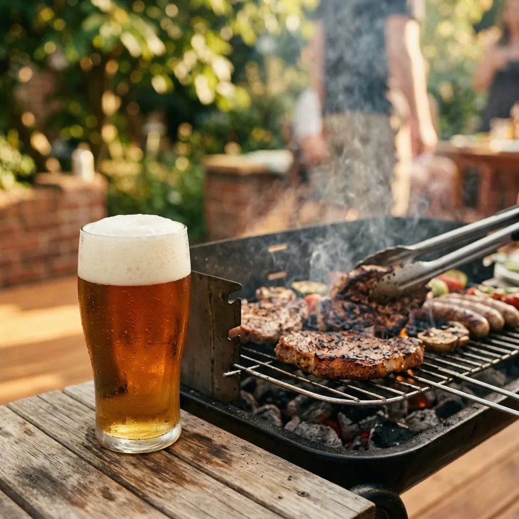 Zimne piwo obok rusztu z grillowanym mięsem