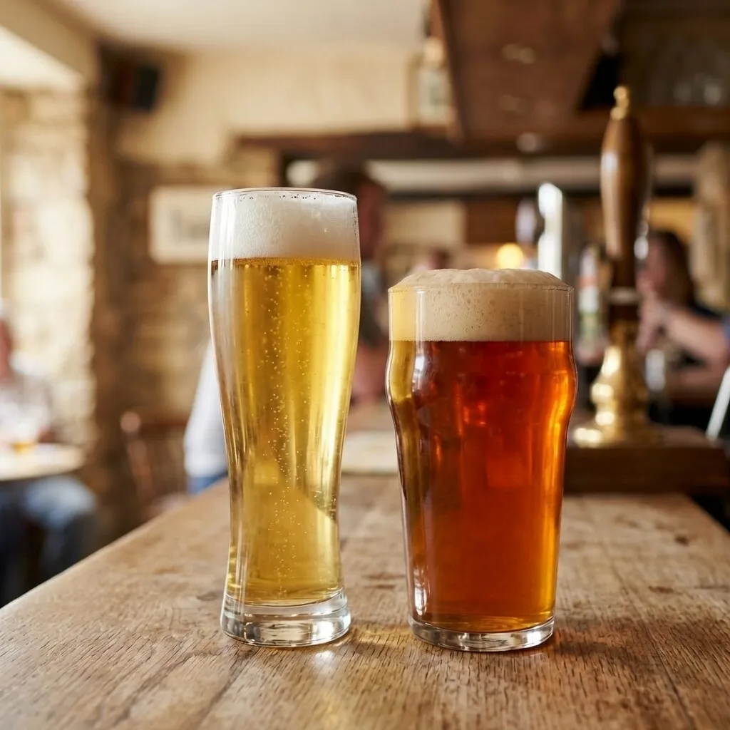 Dwa kufle piwa obok siebie, jasny lager i bursztynowe ale