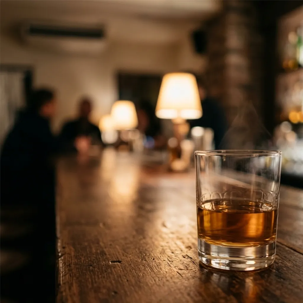 Butelka whisky, butelka coli, kieliszek degustacyjny, szklanka i notes na blacie barowym