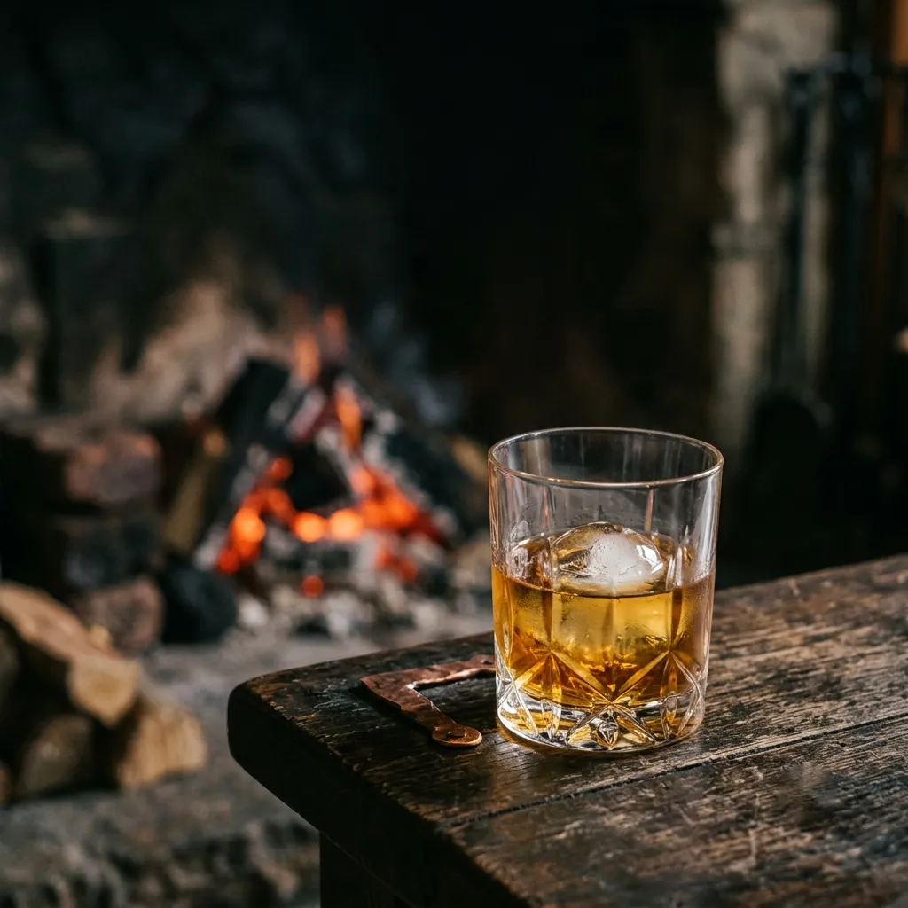 Szklanka bursztynowej whisky przy palenisku, w tle dym