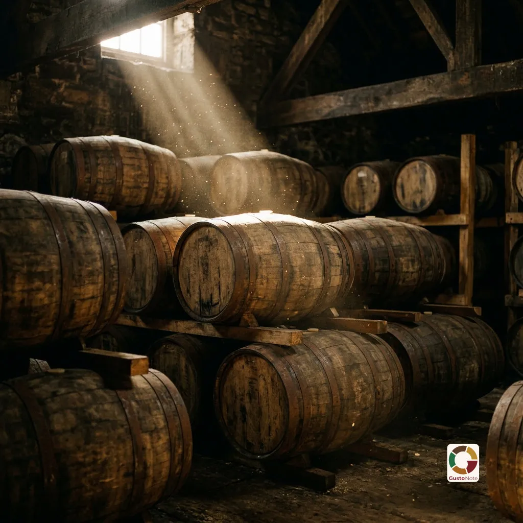 Beczki whisky leżakujące w ciemnym magazynie