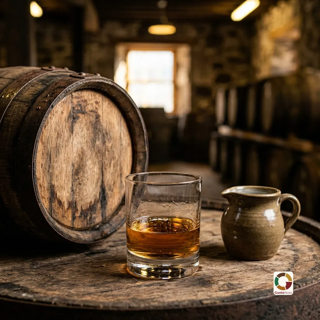 Kieliszek whisky obok beczki i dzbanka z wodą