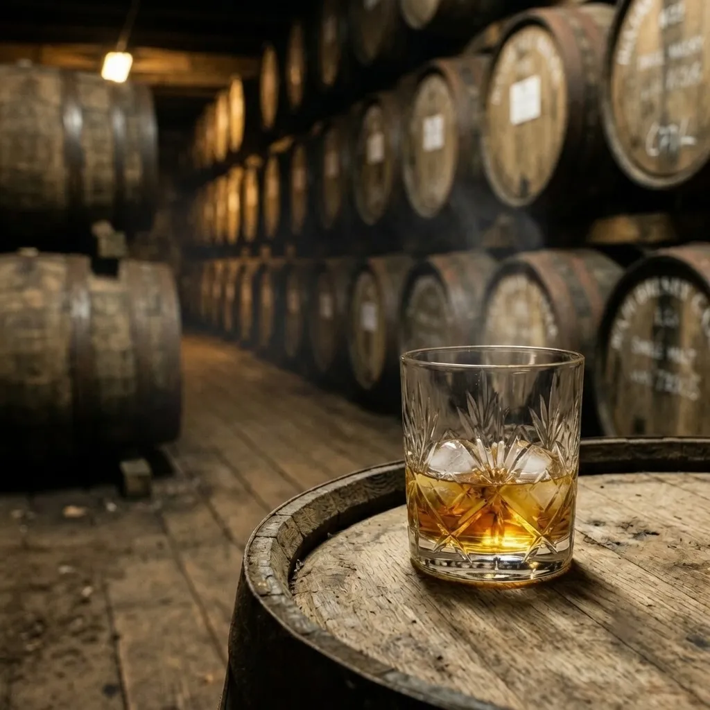 Dębowe beczki leżakujące w magazynie z whisky