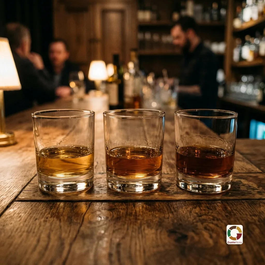Kieliszek whisky i butelka na drewnianym blacie