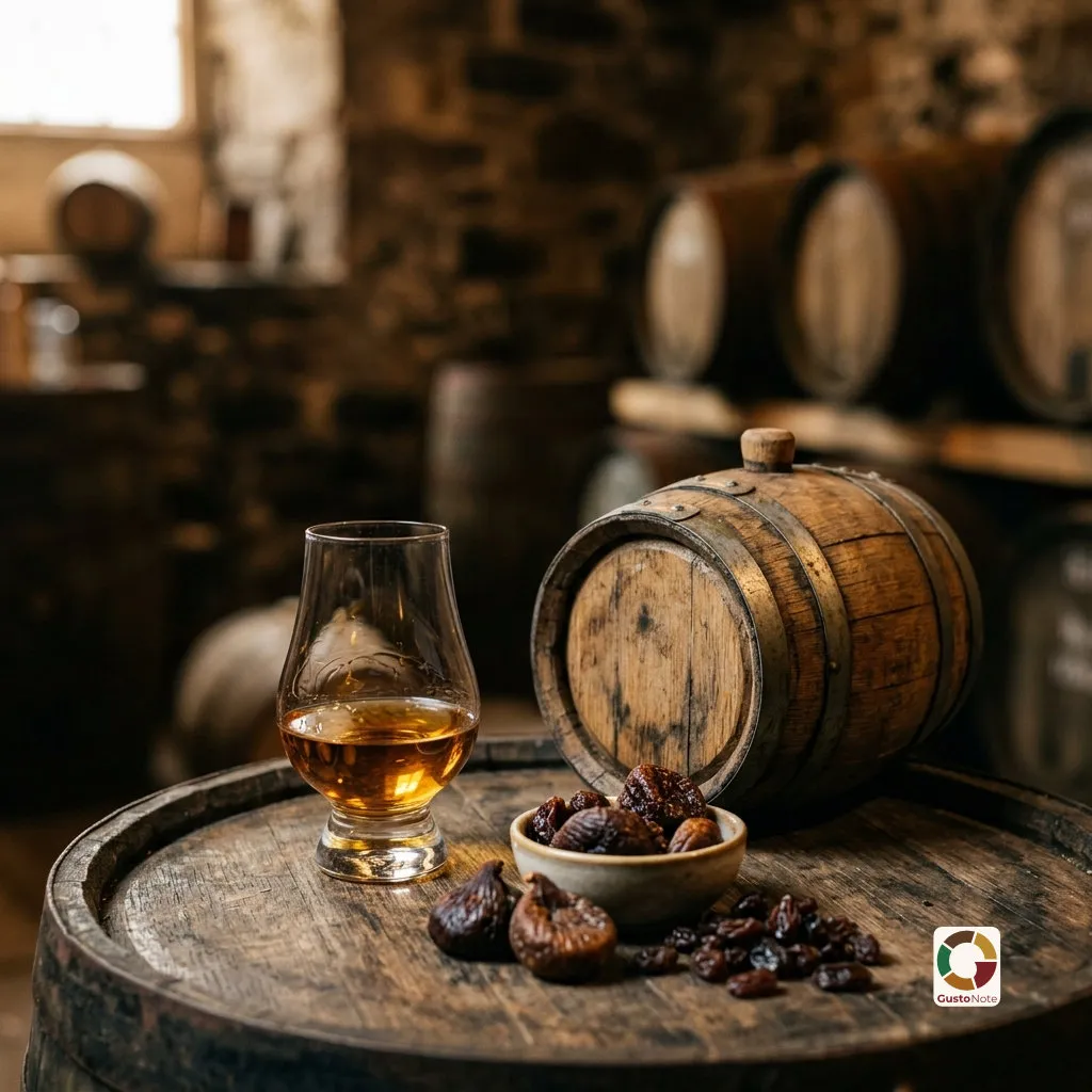 Kieliszek whisky obok beczek po sherry