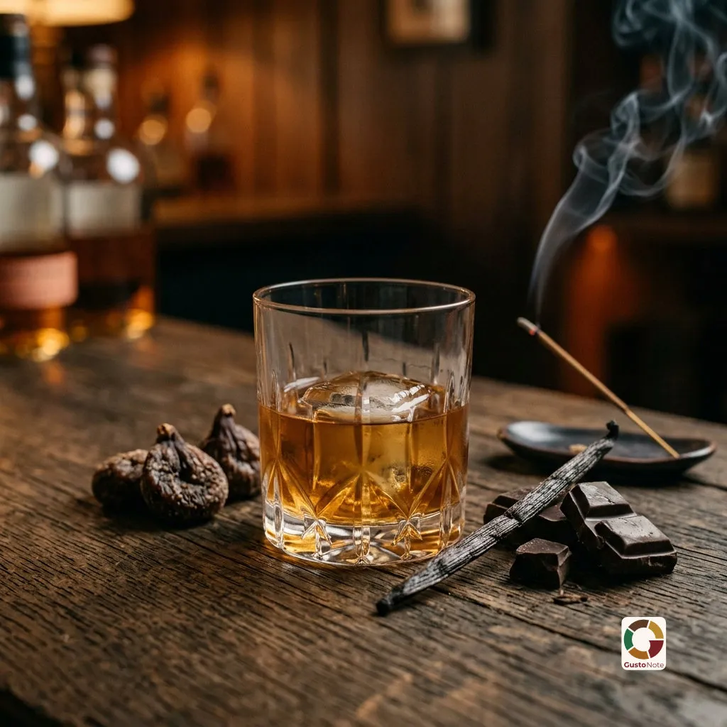 Kieliszek whisky, laska wanilii i suszone owoce