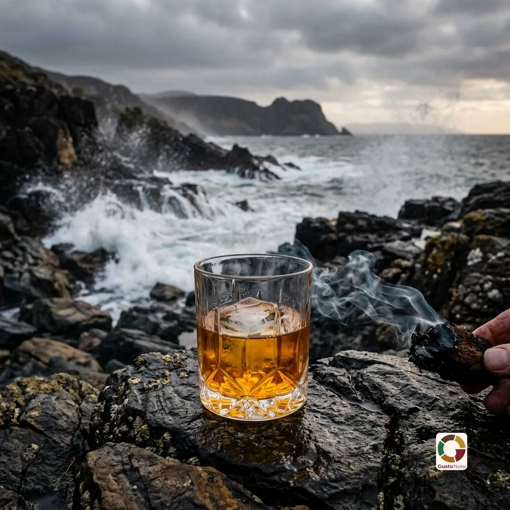 Kieliszek dymnej whisky na tle morza