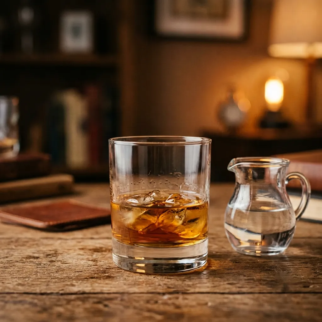 Kieliszek whisky i karafka z wodą obok