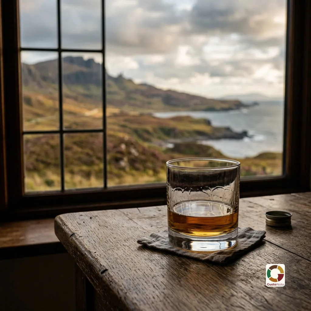 Kieliszek whisky na tle szkockiego krajobrazu
