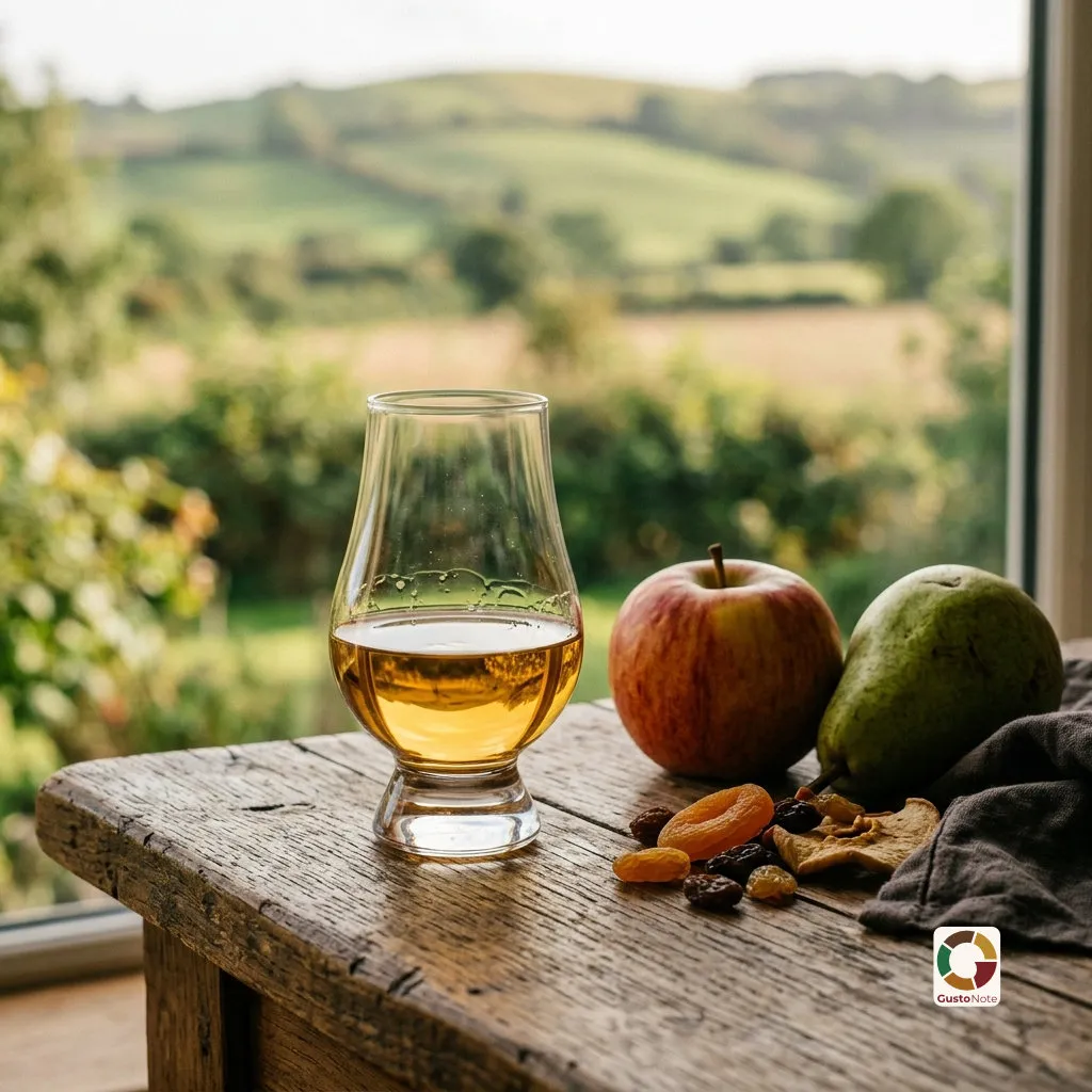 Kieliszek owocowej whisky na tle łagodnych wzgórz