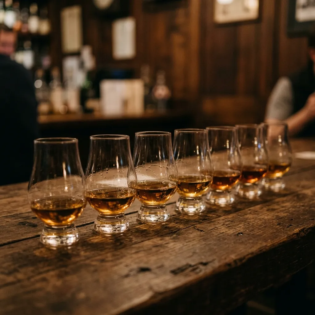 Kilka kieliszków whisky ustawionych w rząd do degustacji