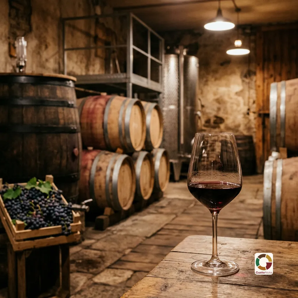 Winogrona i kadzie fermentacyjne w winiarni